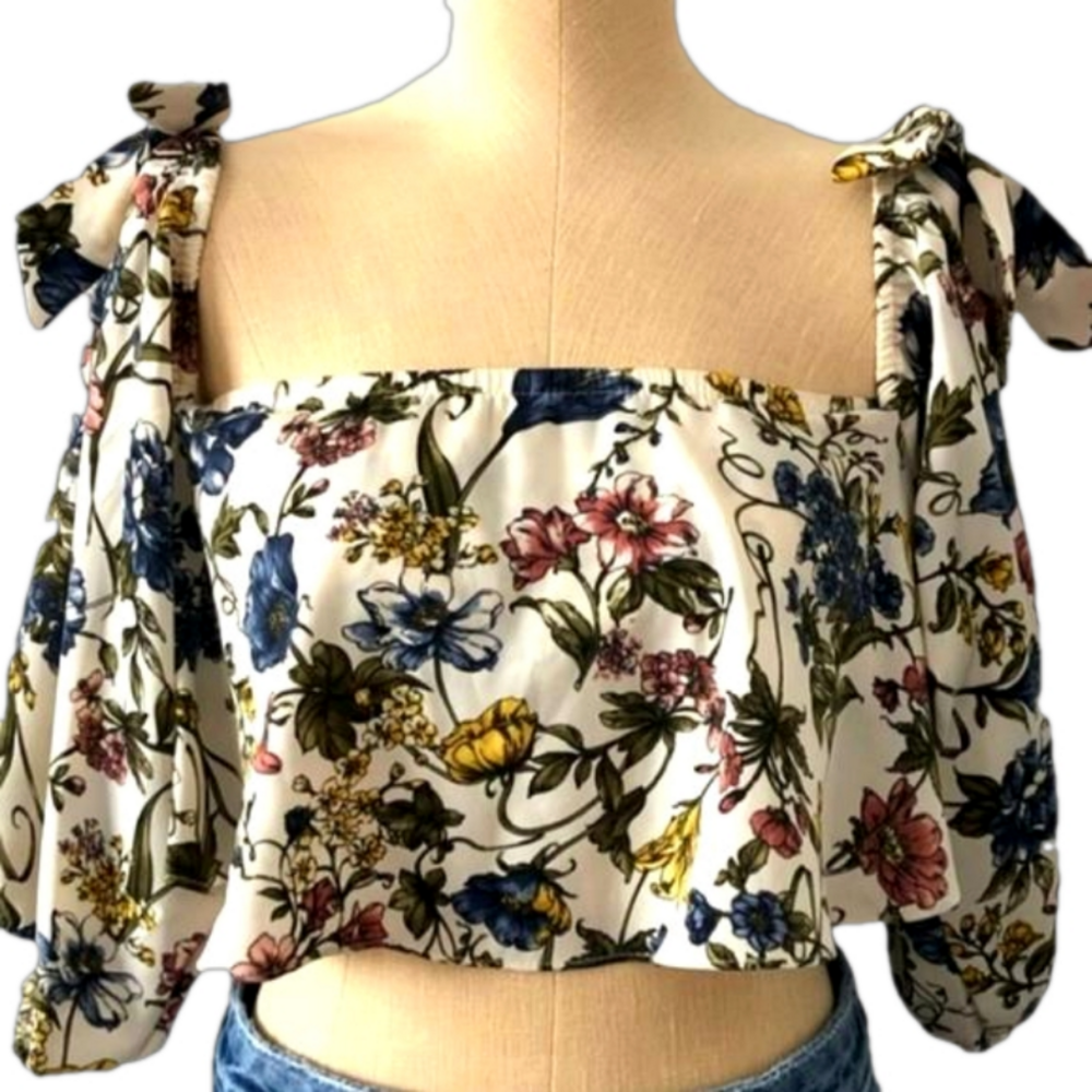 Misa Los Angeles Cropped Bow Detail Off the Shoulder Long Sleeve Floral Top XS
